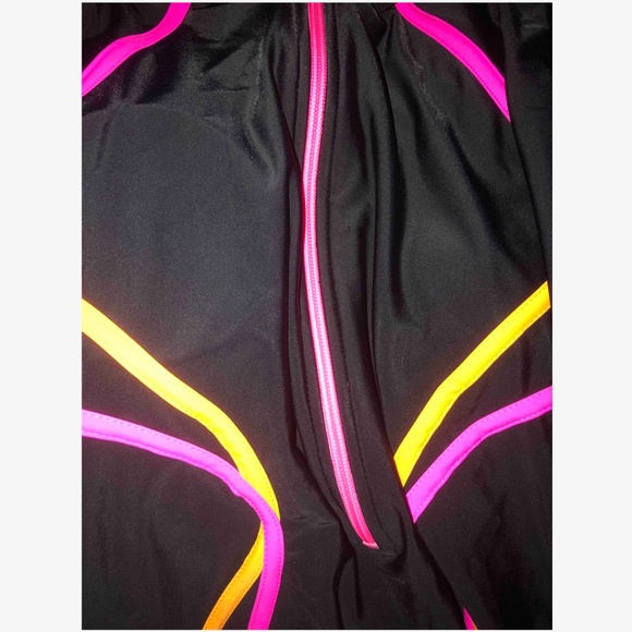 Black with Pink and Orange Piping One Piece Swimsuit Zipper Front Long Sleeve - Picture 13 of 13